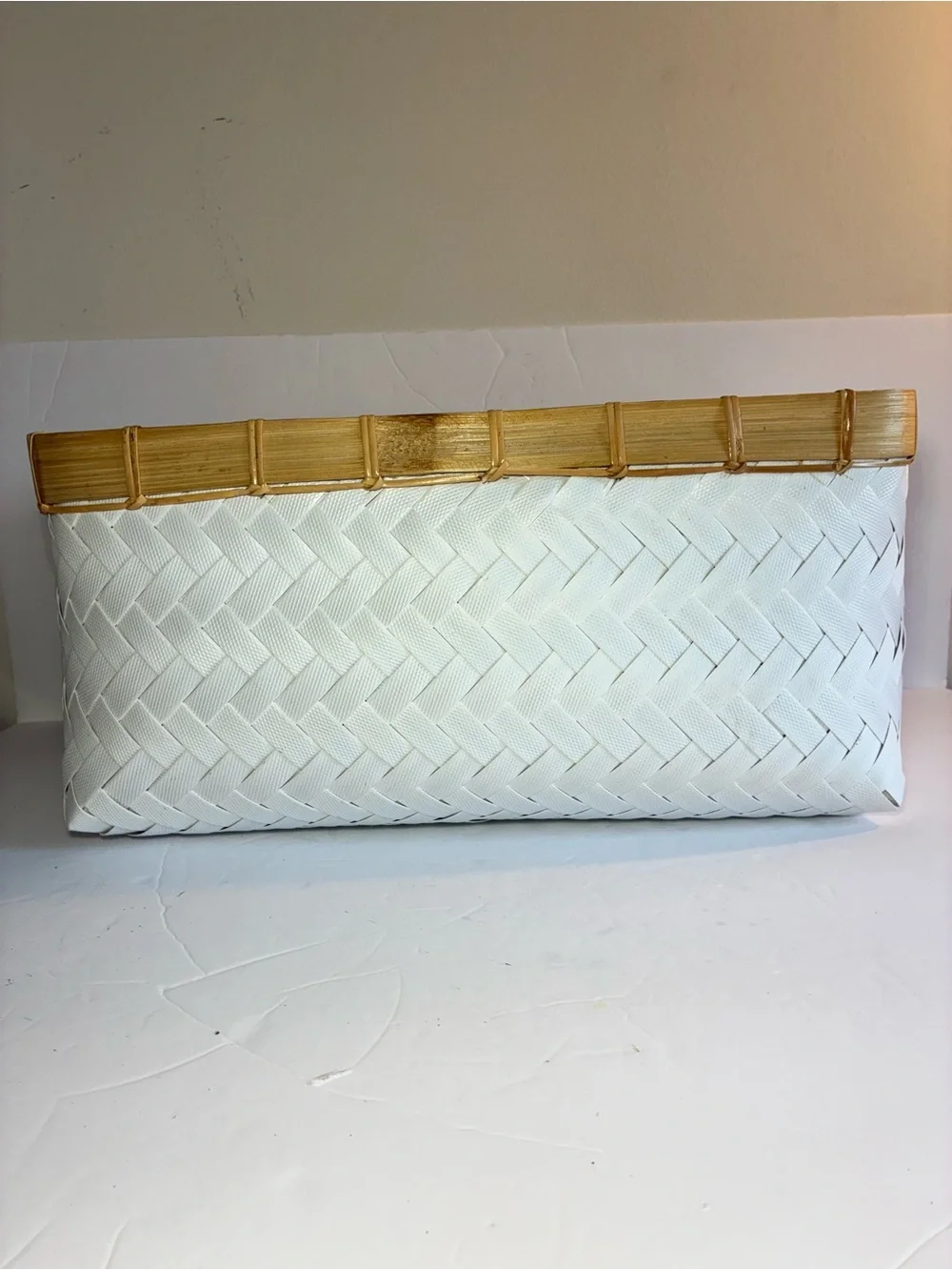 White Woven Plastic Basket with Bamboo Trim